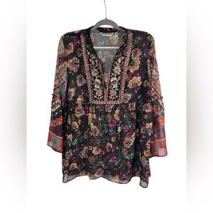 Soft Surroundings Sheer Boho Beaded Blouse Tunic Embroidered‎ Tassel Top